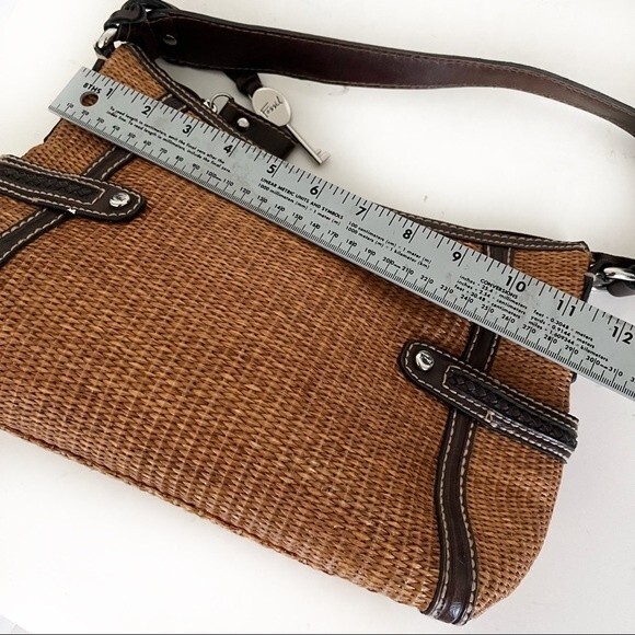 FOSSIL Straw Shoulder Bag Brown Vegan Leather Trim Striped Fabric Lining - Picture 8 of 11
